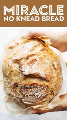 a person holding a loaf of bread in their hands with text overlay that reads, no knead bread