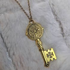 Gold Skeleton Key Charm Necklace. Charm Measures Approximately 52x21mm. Comes On A 16" Gold Toned Stainless Steel Chain With A Lobster Clasp And 1.5" Extension Chain. Metal Jewelry With Keys For Gifts, Key Pendant Jewelry In Metal, Metal Key Pendant Jewelry, Key Detail Metal Jewelry As A Gift, Metal Key Necklace Perfect As Gift, Gold Brass Necklace With Keys, Silver Statement Jewelry, Gold Skeleton, Key Charm Necklace