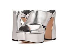 Nine West Girlz 3 - Women's Shoes : Silver : Slip into the Nine West Girlz 3 sandals to bring charming vibes to your look. Man-made upper and lining. Open round toe. Crisscross detailing on the upper. Block heels. Slip-on style. Man-made outsole. Imported. Weight of footwear is based on a single item, not a pair. Merrell Hiking Boots, Shoes Silver, Silver Shoes, Fall Shopping, 8 M, Product Reviews, Nine West, Hiking Boots, Women's Shoes