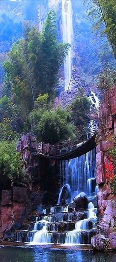 a waterfall in the middle of a forest