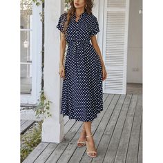 Summer Polka Dot Navy Blue Dress Fabric: Cotton Size: S, M, L, XL Multiple Color Selections: Navy Blue  Season: Spring, Fall, Summer Polka Dot Short Sleeve Midi Dress For Beach, Polka Dot Midi Dress With Short Sleeves For Beach, Casual Short Sleeve Polka Dot Midi Dress, Polka Dot Midi Dress With Short Sleeves For Vacation, Casual Polka Dot Midi Dress With Short Sleeves, Casual Polka Dot Midi Dress For Vacation, Casual Polka Dot Midi Dress For Beach, Knee-length Polka Dot Midi Dress For Vacation, Knee-length Polka Dot Beach Dress