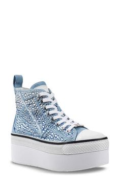 A jewel-encrusted upper lends undeniable glamour to a high-top sneaker lifted by a towering platform sole. 2 1/2" platform Lace-up style Textile upper/leather lining/synthetic sole Imported Boy Activewear, Walker Shoes, Mens Eyewear, Sneakers Blue, Kids Sneakers, Designer Clothes For Men, Modern Outfits, Toddler Girl Outfits, Slip On Sneakers