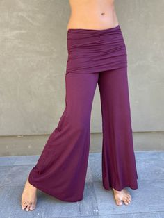 women's natural stretchy rayon jersey skirt-over flow pants #color_jam Wide Leg Viscose Bottoms, High Waist Yoga Pants With 4-way Stretch For Spring, Stretch Viscose Wide Leg Bottoms, Stretch Wide Leg Viscose Bottoms, Viscose Stretch Wide Leg Bottoms, Casual Viscose Wide Leg Full Length Pants, Casual Full Length Wide Leg Viscose Pants, Casual Wide Leg Modal Bottoms, Casual Full-length Viscose Bottoms