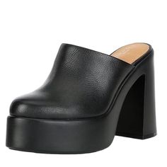 Leather Upper Slip-On Design Synthetic Lining Rubber Outsole Heel Height 4.75” New Without Box With Store Markings At The Bottom. Black Platform Slippers With Chunky Platform And Round Toe, Chic Clogs With 4-inch Block Heel, Black Slip-on Mules With Chunky Platform, Black Chunky Platform Slip-on Mules, Black Slip-on Platform Slippers For Party, Black Chunky Platform Slip-on Heels, Black Closed Toe Platform Slippers For Party, Black Closed Toe Mules With Chunky Platform, Synthetic Closed Toe Mules With 4-inch Heel