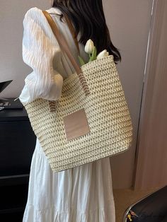 BirdinBag - Medium Vacation Straw Bag: Elegant Two-Tone Design Casual Beige Tote Shoulder Bag, Casual Beige Rectangular Bucket Bag, Casual Rectangular Beige Bucket Bag, Summer Beige Rectangular Bag, Beige Summer Shoulder Bag For Shopping, Casual Beige Handheld Shoulder Bag, Summer Hobo Satchel Bag For Shopping, Beige Rectangular Beach Bag For Daily Use, Summer Satchel Hobo Bag For Shopping