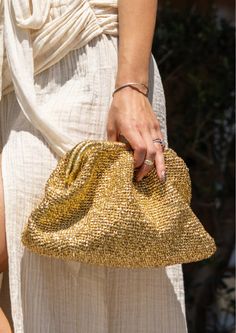 This glitter clutch bag is made with gold metallic paper rope. This gold metallic pouch clutch bag is made with crochet. Hidden metal locked. It is large and light. I made this metallic raffia handbag for women who want to look fashionable and stylish. You can use it in your hand or under your arm. The inside of this silver metallic pouch bag is ideal for everyday or evening use. It is lined inside This handmade clutch , would be a great gift for Christmas, party ,birthday, mother's day and othe Elegant Gold Crochet Evening Bag, Chic Gold Crochet Evening Bag, Gold Woven Clutch Bag, Elegant Handmade Gold Crochet Bag, Elegant Gold Crochet Clutch Bag, Glitter Clutch Bag, Rose Gold Accessories, Handmade Clutch, Wedding Clutch