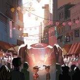 people are standing in the middle of an alleyway with buildings and lights above them