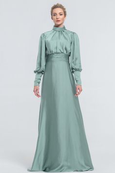 Modest LDS Mint Green Bridesmaid Dresses Long Sleeves Mint Satin Dress, Mint Green Bridesmaid Dresses Long, High Neck Long Sleeve Dress, Mint Green Outfits, Mint Green Bridesmaids, Brides Maid Gown, Long Sleeve High Neck Dress, Mint Green Bridesmaid Dresses, Dresses Long Sleeves