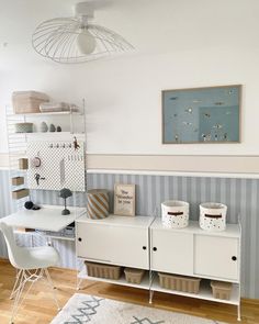 a white desk and chair in a room with striped wall paper on the walls behind it