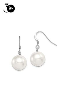 Rhodium over sterling silver 12-13mm white round shell pearl earrings with polished finish. Measures approximately 1"L x 1/2"W and have french wire closures. Nickel Free Classic Dangle Pearl Earrings, Classic Nickel-free Dangle Pearl Earrings, Silver Pearl Earrings With French Hook For Formal Occasions, Silver Pearl Earrings With French Hook For Formal Events, Classic White Pearl Earrings With Lever Back, Classic Adjustable Drop Pearl Earrings, Classic Silver Pearl Earrings With French Hook, Classic Pearl Earrings Nickel Free, Classic White Earrings With Pearl Charm