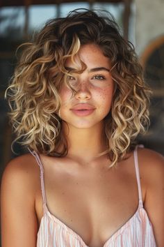 45 Natural Curly Hair Blonde Balayage Hairstyles For The Most Beautiful Curls Curly Bob Balayage, Natural Curly Bob Hairstyles Medium, Short Blonde Balayage Hair, Curly Brown Hair With Blonde Highlights, Curly Short Haircuts For Women, Blonde Highlights Curly Hair Natural Curls, Curly Haircuts Ideas, Biracial Hair Styles, Natural Curly Hair Blonde