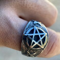 Pentagram star stainless steel ring. Choose sz 7, 8, 9, 10, 11, 12 or 13. Ring won't tarnish or change color. Face is 17MM, 6 MM at back of band. 13.5 to 15 grams depending on sz. Buy confidently from a USA seller. FREE SHIPPING in USA. Order now! Occult Magic, Stainless Steel Ring, Stainless Steel Rings, Steel Ring, Class Ring, Color Change, Rings For Men, Ring Size, Stainless Steel