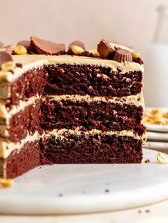 a slice of chocolate cake on a white plate