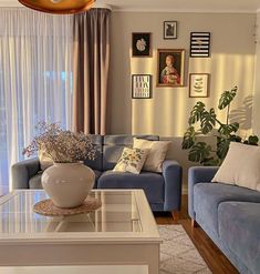 a living room filled with blue couches next to a window covered in curtains and pictures