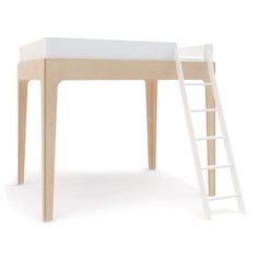 a wooden bunk bed with a ladder to the top and bottom, against a white background