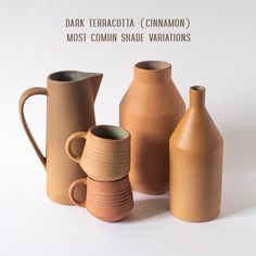 three clay vases and one ceramic jug are shown in this image with the words dark terracotta cinnamon most common shade variations