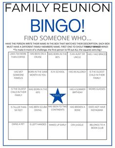 a family reunion game with the words,'find someone who is missing his star