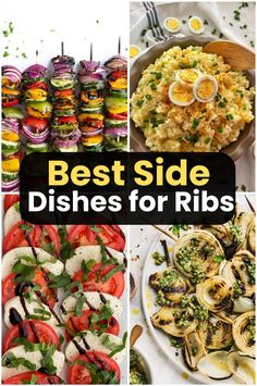 the best side dishes for ribs are in this collage with text overlay that reads, best side dishes for ribs