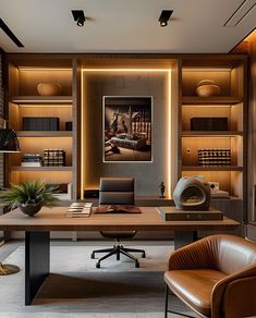 a modern office with leather chairs and built - in shelving, lighting up the room