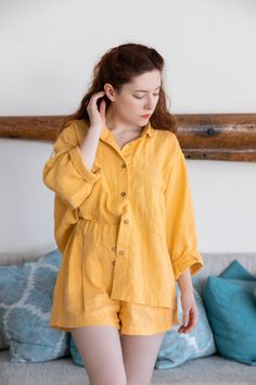 "Welcome to Pavietra! This set of linen pajamas made up of an oversized shirt with pocket detail, which is decorated with handmade stitches, and loose-fitting shorts with an elastic waist and coconut button detail. It can be worn at home and out. PAJAMAS DETAILS ⚬ Oversized fit ⚬ Made of washed organic Oeko-Tex certified linen grown in Belarus. ⚬ Side pockets. ⚬ Linen is NOT see-through. ⚬ Your choice of 20 colors. ⚬ Sizes XXS to 3XL (please see detailed size chart in photos). ⚬ If you would lik Relaxed Fit Sets With Pockets For Day Out, Summer Short Sets With Pockets, Summer Sets With Pockets And Short Length, Spring Sets With Pockets And Relaxed Fit, Relaxed Fit Short Set For Spring, Summer Sets With Relaxed Fit And Short Length, Relaxed Fit Short Sets With Pockets, Summer Linen Loungewear Set, Casual Linen Sets For Summer