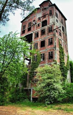 an old building with ivy growing on it's sides and windows, surrounded by trees