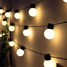 a string of light bulbs on a wall