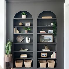 two bookshelves with plants and pictures on them