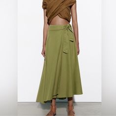 Zara Linen Blend Olive Green Wrap Skirt Size Small Nwt Wrap Skirt Olive Green Summer Vacation Green Wrap Skirt, Blue Polka Dot Skirt, Knotted Skirt, Black Floral Skirt, Velvet Midi Skirt, Green Wrap, Printed Pleated Skirt, Skirts Midi High Waisted, Zara Skirts