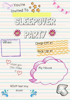 a sheet of lined paper with writing and doodles on it, including the words sleepover party