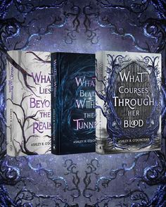 three book covers with the title what courses through their blood written in purple and black