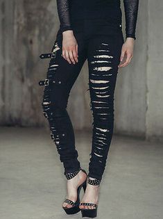 Devil Fashion Women Black Gothic Punk Denim Pants Vintage Rock Steampunk Jeans | eBay Punk Denim, Steampunk Black, Distressed Pants, Black Punks, Jeans Ripped, Vintage Rock, Gothic Punk, Asymmetrical Design, Low Waisted