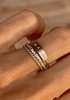 Mama Stacking Ring Ring Combos, Stackable Name Rings, Ring Stacks, Stacker Rings, Gold Ring Stack, Diamond Charm, Bling Rings, Personalized Rings, Thumb Rings