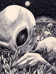 a black and white drawing of two people in the grass with a large skull on it