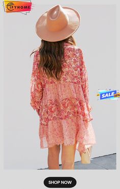 Pink Bubble Sleeve Floral Print Dress Summer V-neck Long Sleeve Dress For Daywear, Long Sleeve Chiffon Dress For Brunch, Long Sleeve Summer Daywear Dresses, Long Sleeve Summer Day Dresses, Feminine Summer Mini Length Long Sleeve Dress, Spring Chiffon Long Sleeve Dress, Chiffon Long Sleeve Dresses For Spring, Long Sleeve Chiffon Dresses For Spring, Spring Daywear Long Sleeve Mini Dress