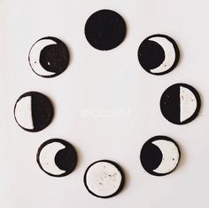 eight black and white circles are arranged in the shape of a half - moon on a white surface