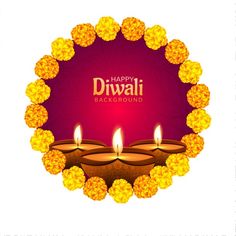 happy diwali background with lit candles in the middle and yellow flowers around it