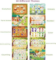 an image of children's learning games with pictures and words on them, including farm animals