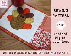 an image of a quilted placemat with a turkey on it and the text sewing pattern