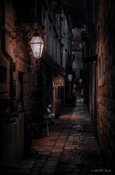 an alley way with street lights and plants on the side walk at night, lit up by lampposts