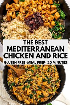 the best mediterraneanan chicken and rice recipe in a skillet with text overlay