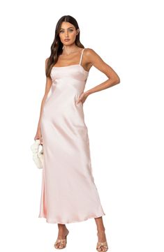 Slinky satin adds to the elegance of a classic sheath with a sultry open back. Back hook-and-eye closure Adjustable straps Straight neck 100% polyester Machine wash, dry flat Imported Glamorous Satin Slip Dress For Dinner, Sleek Pink Dress For Party, Evening Satin Slip Dress With Boning, Elegant Square Neck Slip Dress For Prom, Pink Satin Dress With Spaghetti Straps For Date Night, Evening Satin Slip Dress, Solid Satin Slip Dress For Evening, Pink Satin Dress With Spaghetti Straps For Evening, Fitted Satin Sheath Slip Dress