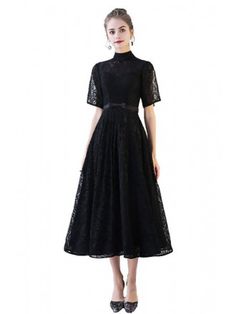 Full Lace High Neck Aline Party Dress with Sleeves Party Dress With Sleeves, Black Lace Evening Dress, Party Dresses With Sleeves, Tea Vintage, American Dress, Long Cocktail Dress, Evening Dresses With Sleeves, Casual Party Dresses, Dress With Sleeves