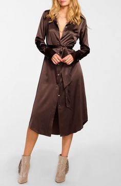 This irresistible day-to-night shirtdress is crafted in a luxe satin blend and designed with a defining tie belt. Front button closure Spread collar Long sleeves Removable tie belt 92% silk, 8% spandex Dry clean Imported Ramy Brook, Brown Dress, Shirtdress, Tie Belt, Uganda, Button Downs, Jumpsuit Romper, Dress Outfits, Online Store