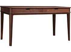 a wooden desk with two drawers on one side and an open drawer on the other