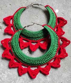 Handmade Green Hoop Earrings For Gift, Trendy Handmade Festive Earrings, Red Hoop Earrings For Summer, Trendy Handmade Earrings For Festive Occasions, Traditional Handmade Green Hoop Earrings, Handmade Small Green Hoop Earrings, Red Small Hoop Earrings For Summer, Red Bohemian Crochet Jewelry, Green Crochet Jewelry