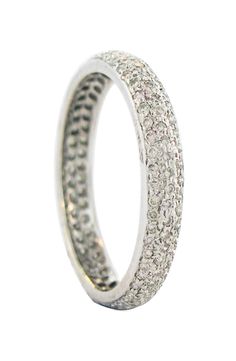 a white gold ring with rows of diamonds on the outside and inside, set in 18k white gold