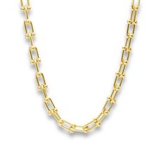 Make a stunning statement with bold and sophisticated graduated gauge links. Finish your look with the matching Gabby Bracelet for a luxurious touch. 18K Gold Plated 4.8mm Width Stainless Steel Waterproof and Tarnish-free Hypoallergenic Classic Formal Jewelry With Chunky Chain, Formal Classic Jewelry With Chunky Chain, Classic Formal Chunky Chain Jewelry, Formal Classic Chunky Chain Jewelry, Classic Yellow Gold Jewelry With Chunky Chain, Classic Gold-plated Chain Necklace With Rectangular Links, Classic Gold-tone Chain Necklace With Rectangular Links, Classic Jewelry With Chunky Round Chain, Classic Chunky Chain Round Jewelry