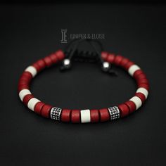 "top jewelry gifts for men and women, gifts for boyfriend, unique gifts ideasHandmade bracelet made with 6mm red and white ceramic Mykonos beads, featuring 925 silver beads with black CZ Diamond stones. It's adjustable, utilizing a sliding knot made with macrame cord and is easy to put on and take off by yourself. Please choose one of the 2 size options (For Men or Women) from dropdown menu. Men`s Size : 7\"- 8.5\" (18 cm -21 cm) Women`s Size: 6\"-7.5\" (16 cm -19 cm) You may have a piece create Red Beaded Bracelets With 8mm Beads For Gift, Red Beaded Bracelets With 8mm Beads As A Gift, Modern Beaded Jewelry For Gifts, Modern Beaded Jewelry For Gift, Red Jubilee Bracelet Jewelry Gift, Modern Bracelets With Spacer Beads As A Gift, Modern Handmade Wristband For Gift, Red Round Beads Bracelet As Gift, Modern White Beaded Bracelets As Gift