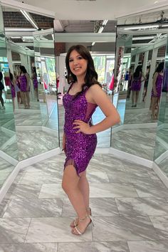 The sparkle purple sequin mini dress features a scoop neck, bodycon silhouette, tassels slit, and a lace-up back. SKU: 3235 Material: Sequin Square neck Tassels slit Lace-up back Bodycon silhouette Ship in 7-10 business days Size: US 2-16. We offer free returns in 7 days. Please refer to our return policy page for more details. If you have any questions, don't hesitate to contact us: at service@dressesforparty.com. Purple Mini Dresses, Short Homecoming Dress, Sequin Shorts, Sequin Mini, Sequin Mini Dress, Silver Sequin, Long Prom Dress, Evening Dresses Long, Flared Sleeves