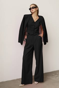 Black Women Blazer, Party Blazer, Formal Blazer, Woman Tuxedo, Black Pantsuit, Palazzo Suit, Wedding, Rehearsal Dinner, Office Wear ⭐Size: Please write your chest, waist, hips, height, and we will make a suit to your individual measurements! After you place your order, we may ask you for additional measurements. We do this to ensure that the suit fits you perfectly👌😊 ⭐Our fabric: We have used a premium quality suiting fabric.  ⭐Shipping: ✈️We have two shipping options that we can offer: Free S Black Suit For Women Casual, Black 3 Piece Suit Women, Modern Formal Outfit Women, Suit Wedding Guest Woman, Masc Woman Formal Outfits, All Black Suit For Women, Woman Wedding Guest Suit, Feminine Suit Outfit, All Black Gala Outfit For Women